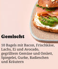Gemischte Bagel-Box zum Abholen bei Café Adeli Köln: Vollkorn-Bagel reichhaltig belegt mit Räucherlachs, Frischkäse, Avocado und frischen Kräutern auf Keramikteller