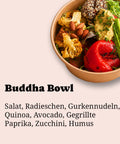 Buddha Bowl von Adeli mit Zutatenauflistung, daneben Produktname