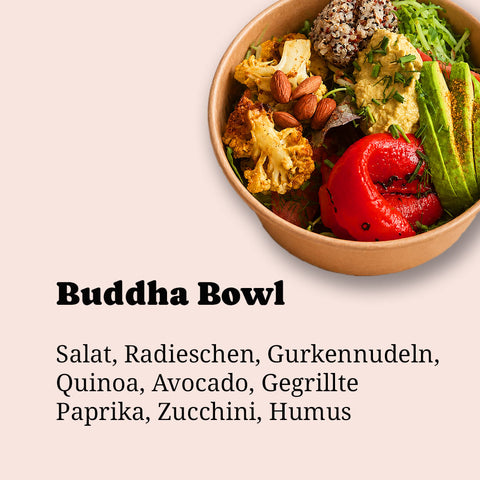 Buddha Bowl von Adeli mit Zutatenauflistung, daneben Produktname