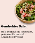 Veganer gemischter Salat von Adeli mit Zutatenauflistung, daneben Produktname