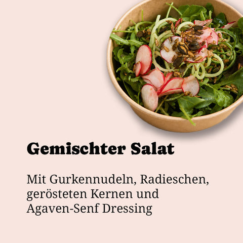 Veganer gemischter Salat von Adeli mit Zutatenauflistung, daneben Produktname