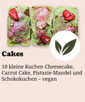 Cake-Box zum Abholen bei Café Adeli Köln: Auswahl von 10 kleinen vegenen Kuchen mit Carrot Cake, Pistazie-Mandel und Schokokuchen