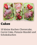 Cake-Box zum Abholen bei Café Adeli Köln: Auswahl von 10 kleinen Kuchen mit Cheesecake, Carrot Cake, Pistazie-Mandel und Schokokuchen