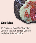 Cookie-Box zum Abholen bei Café Adeli Köln: Auswahl hausgemachter Cookies aus der 10er-Box mit Double-Chocolate, Peanut-Butter und Oat Raisin Sorten
