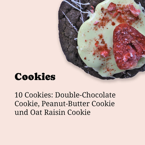 Cookie-Box zum Abholen bei Café Adeli Köln: Auswahl hausgemachter Cookies aus der 10er-Box mit Double-Chocolate, Peanut-Butter und Oat Raisin Sorten